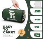 Green camping blanket with deer design and 'Qunature' branding, shown being folded and carried - offered by the best camping gear store in America, The ADK Tool Co.