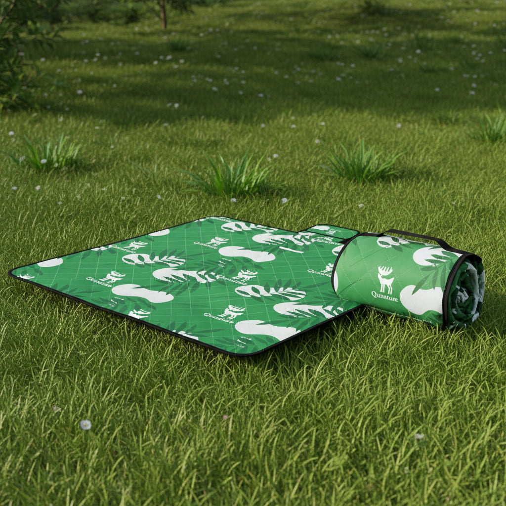 Green qunature blanket on a grassy ground - offered by the best outdoor gear store in New York, The Adirondack Tool Co.