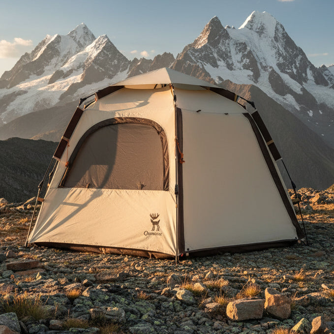 beige hexagonal camping tent from Qunature on a mountain background - offered by the best outdoor gear store in New York, The Adirondack Tool Co.