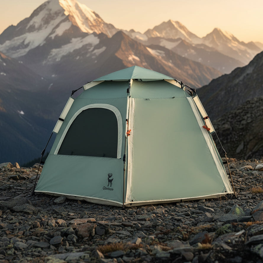 Hexagonal camping tent on a mountain background - offered by the best outdoor gear store in New York, The Adirondack Tool Co.