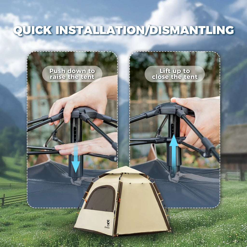 Instructions for setting up and closing a pop-up tent with a scenic background - offered by the best hiking gear store in New York, The ADK Tool Co.