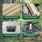 Features of a tent with waterproof material, double zipper, storage bag, and hook on a natural background - offered by the best camping gear store in New York, The ADK Tool Co.
