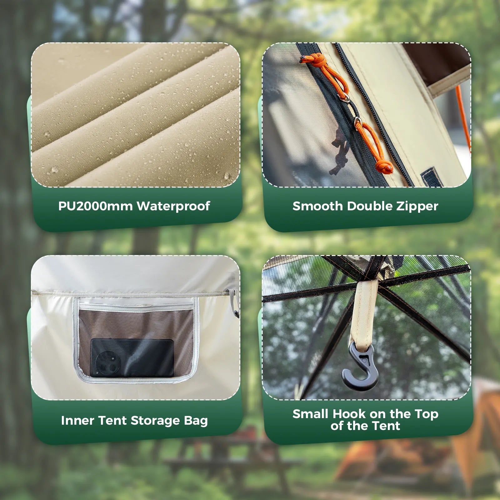 Features of a tent with waterproof material, double zipper, storage bag, and hook on a natural background - offered by the best camping gear store in New York, The ADK Tool Co.