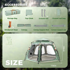 Product card with camping tent accessories and size details on a green background - offered by the best camping gear store in New York, The ADK Tool Co.