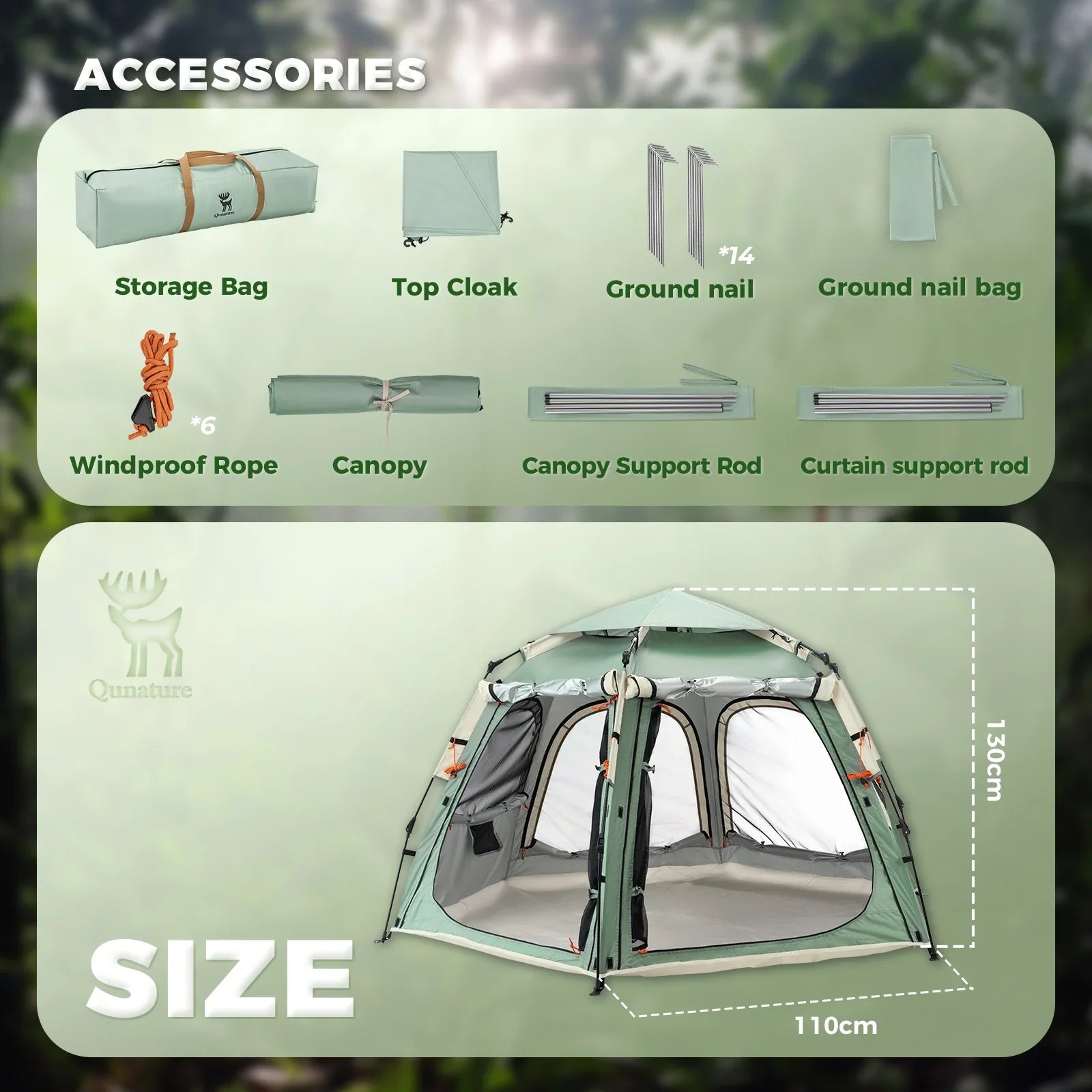 Product card with camping tent accessories and size details on a green background - offered by the best camping gear store in New York, The ADK Tool Co.