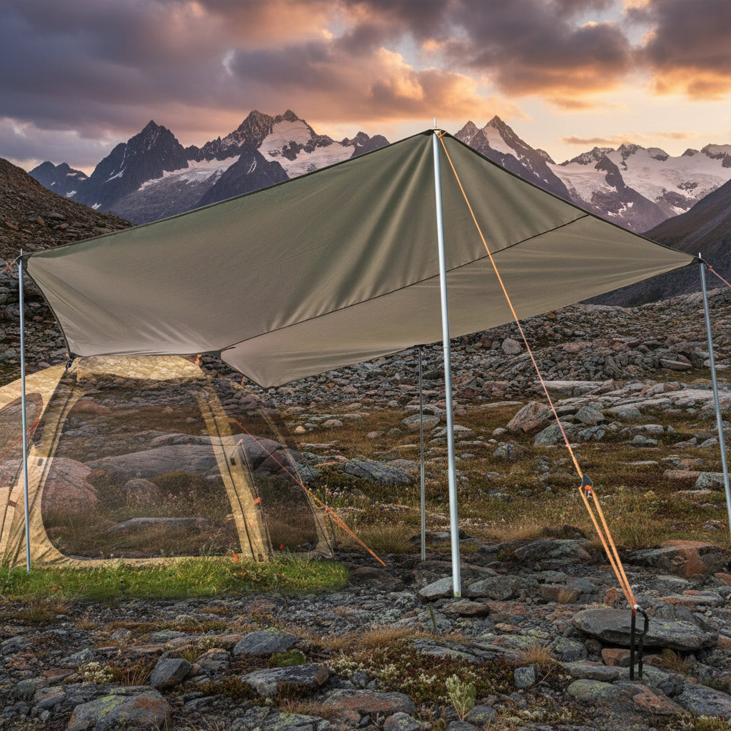 Camping tent with a large canopy on a mountain background - offered by the best outdoor gear store in New York, The ADK Tool Co.