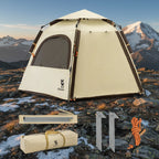 Camping tent with accessories on a mountain background - offered by the best outdoor gear store in New York, The Adirondack Tool Co.
