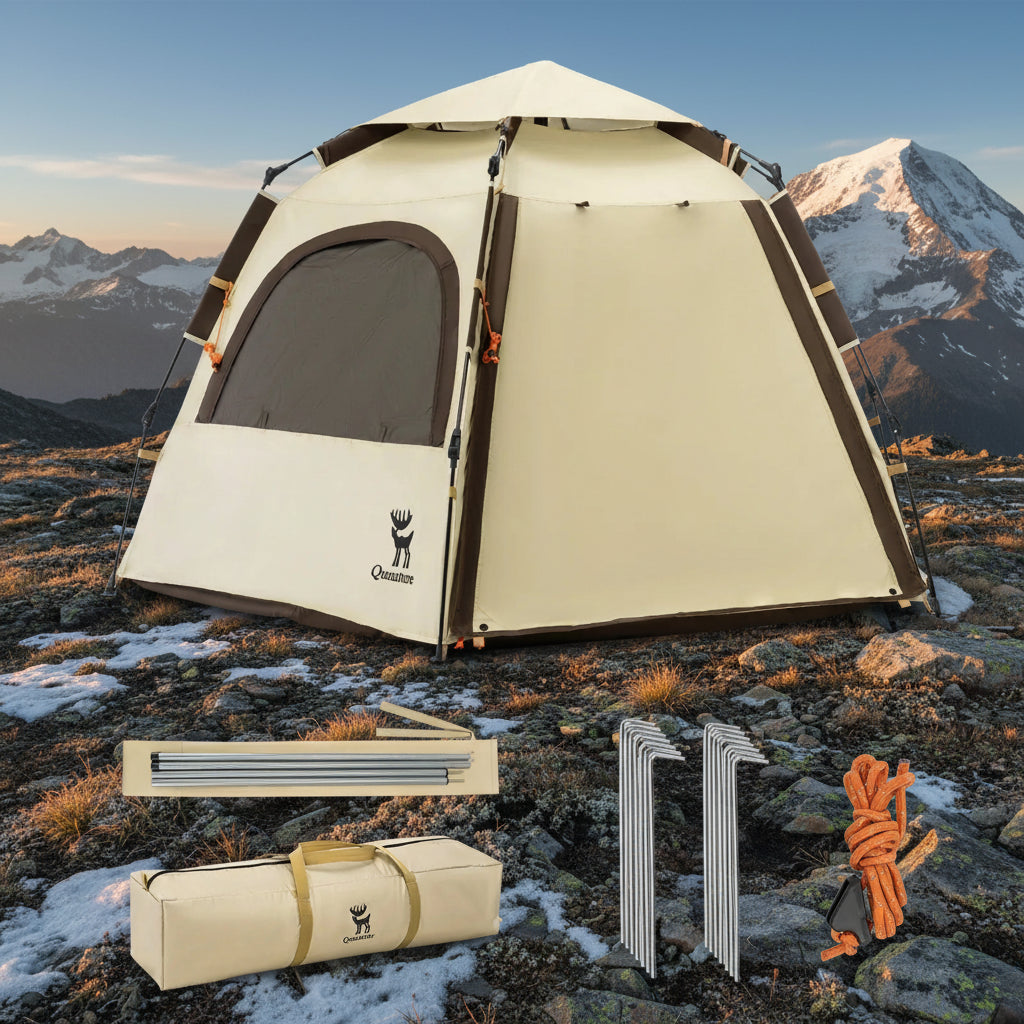 Camping tent with accessories on a mountain background - offered by the best outdoor gear store in New York, The Adirondack Tool Co.