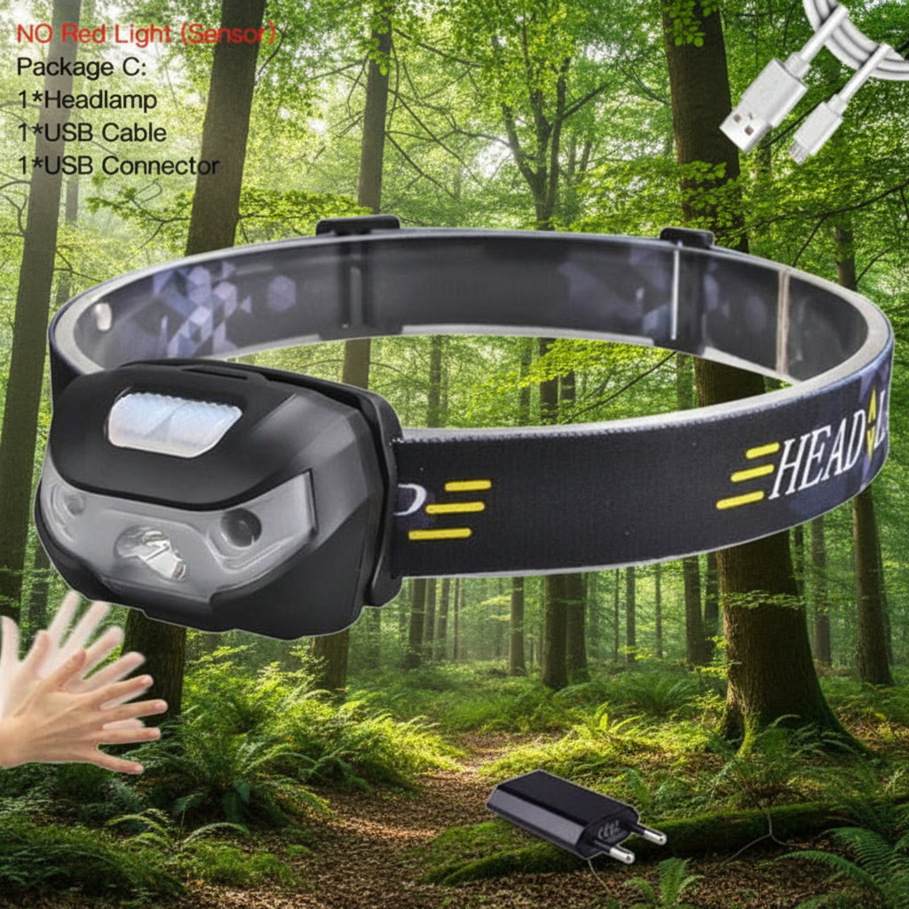 Black headlamp with USB cable and connector