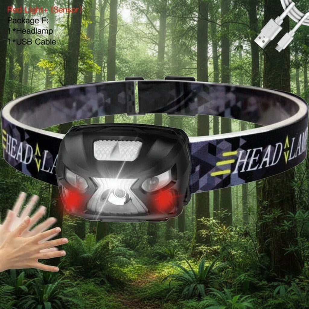Headlamp with red light sensor and USB cable