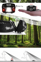 Headlamp with adjustable headband, shown on a person's hand and in use scenario.