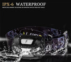Headlamp with water splashes on a black background, featuring IPX-6 waterproof text.