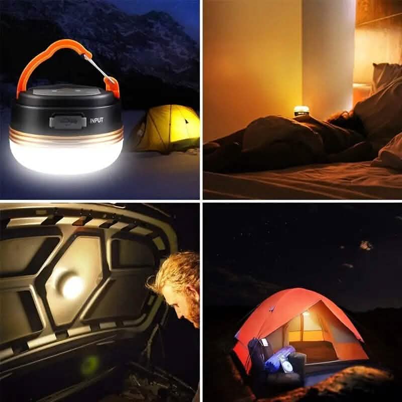 Collage of a camping lantern in various settings including outdoors, indoors, and inside a vehicle.