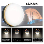 Camping lantern with 4 modes displayed, including bright flashlight, dim lamp, warning lights, and SOS mode, with a tent in the background.