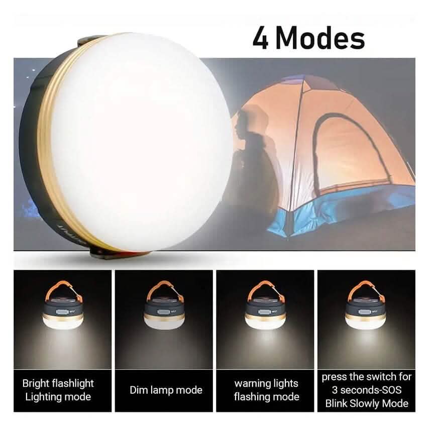 Camping lantern with 4 modes displayed, including bright flashlight, dim lamp, warning lights, and SOS mode, with a tent in the background.