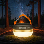 Camping lantern with orange handle and gold accent