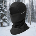Black balaclava with 'RockBros' branding on a snowy background - offered by the best outdoor gear store in New York, The Adirondack Tool Co.