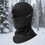 Black balaclava with 'RockBros' branding on a snowy background - offered by the best outdoor gear store in New York, The Adirondack Tool Co.