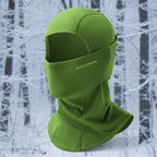 Green balaclava with 'RockBros' branding on a snowy background - offered by the best outdoor gear store in New York, The Adirondack Tool Co.