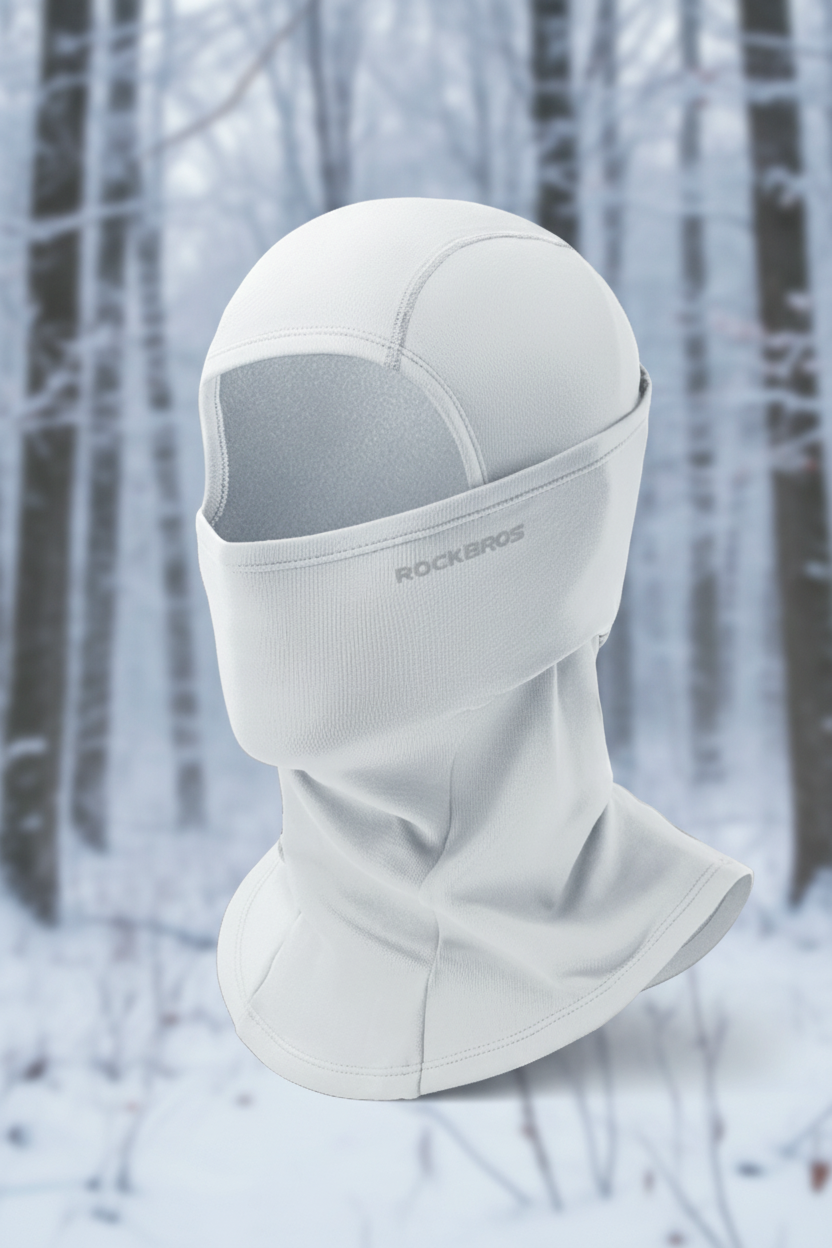 White balaclava with 'RockBros' branding on a snowy background - offered by the best outdoor gear store in New York, The Adirondack Tool Co.