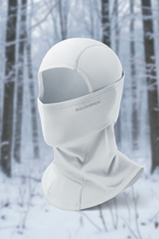 White balaclava with 'RockBros' branding on a snowy background - offered by the best outdoor gear store in New York, The Adirondack Tool Co.