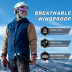 Person in winter sports gear and a balacava with text highlighting breathable, windproof, thermal fleece, UV protection, and sweat absorption features - offered by the best outdoor gear store in the United States, The Adirondack Tool Co.