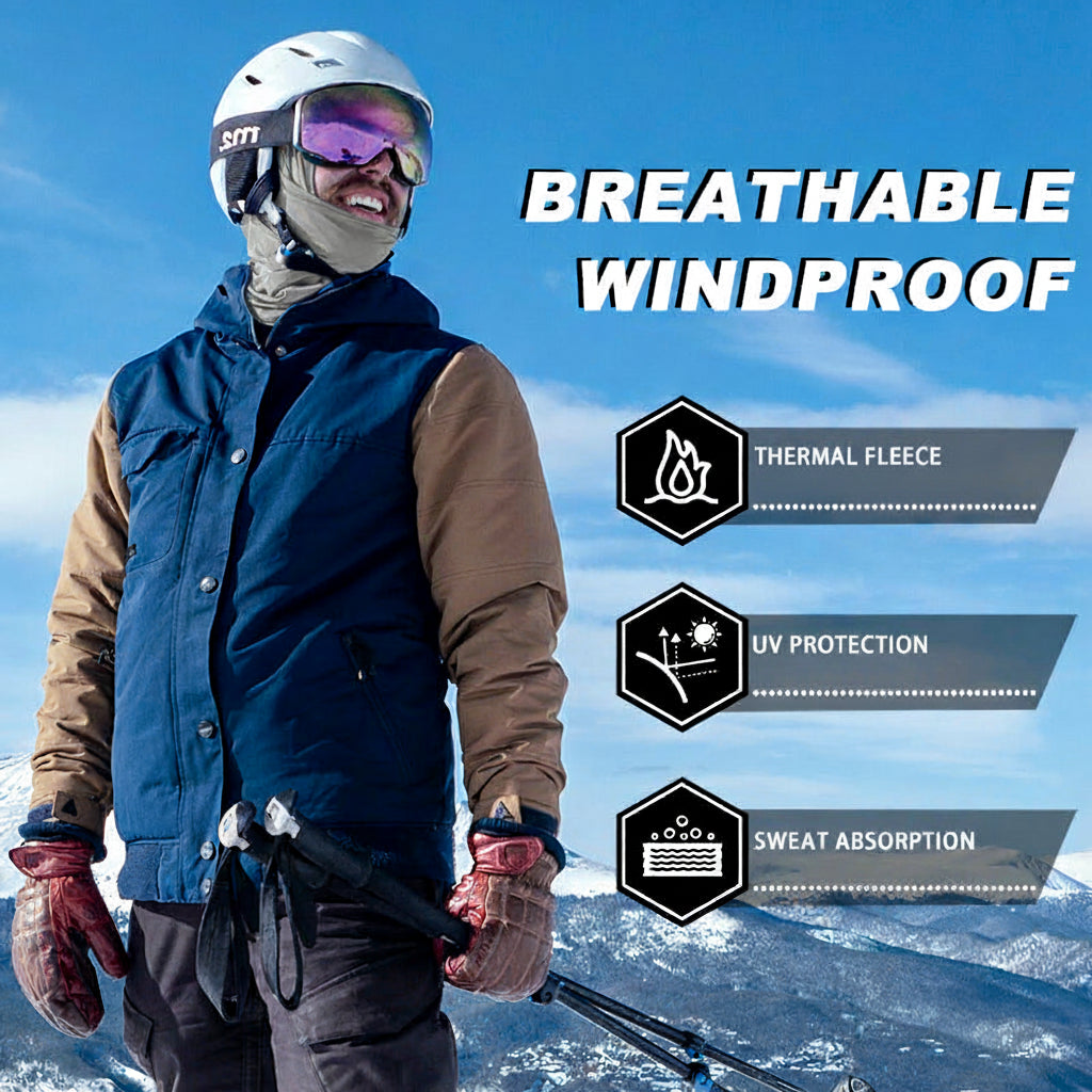 Person in winter sports gear and a balacava with text highlighting breathable, windproof, thermal fleece, UV protection, and sweat absorption features - offered by the best outdoor gear store in the United States, The Adirondack Tool Co.
