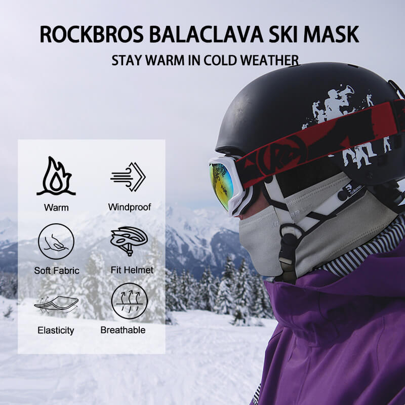 Person wearing a Rockbros balaclava ski mask with winter scenery in the background - offered by the best outdoor gear store in New York, The Adirondack Tool Co.