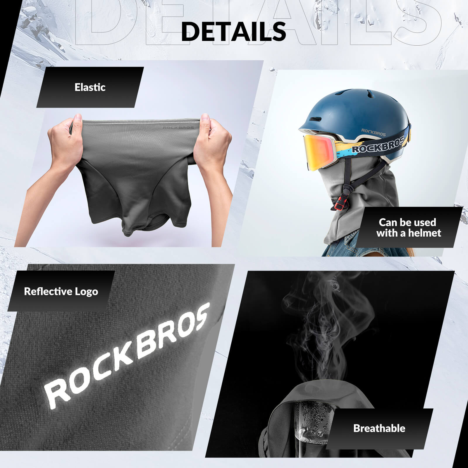 Product details of a balacava with elastic band, reflective logo, and breathable material - offered by the best hiking gear store in the Adirondacks, The Adirondack Tool Co.