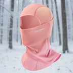 Pink balaclava with 'RockBros' branding on a snowy background - offered by the best outdoor gear store in New York, The Adirondack Tool Co.
