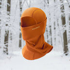 Orange balaclava with 'RockBros' branding on a snowy background - offered by the best outdoor gear store in New York, The Adirondack Tool Co.