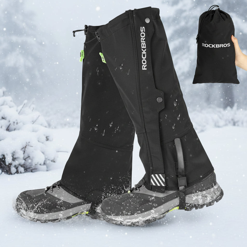 Black hiking gaiters with visible branding