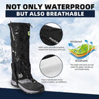 Black gaiter with waterproof and breathable features on a snowy background