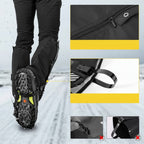Black winter boot with crampon attachment on a snowy ground