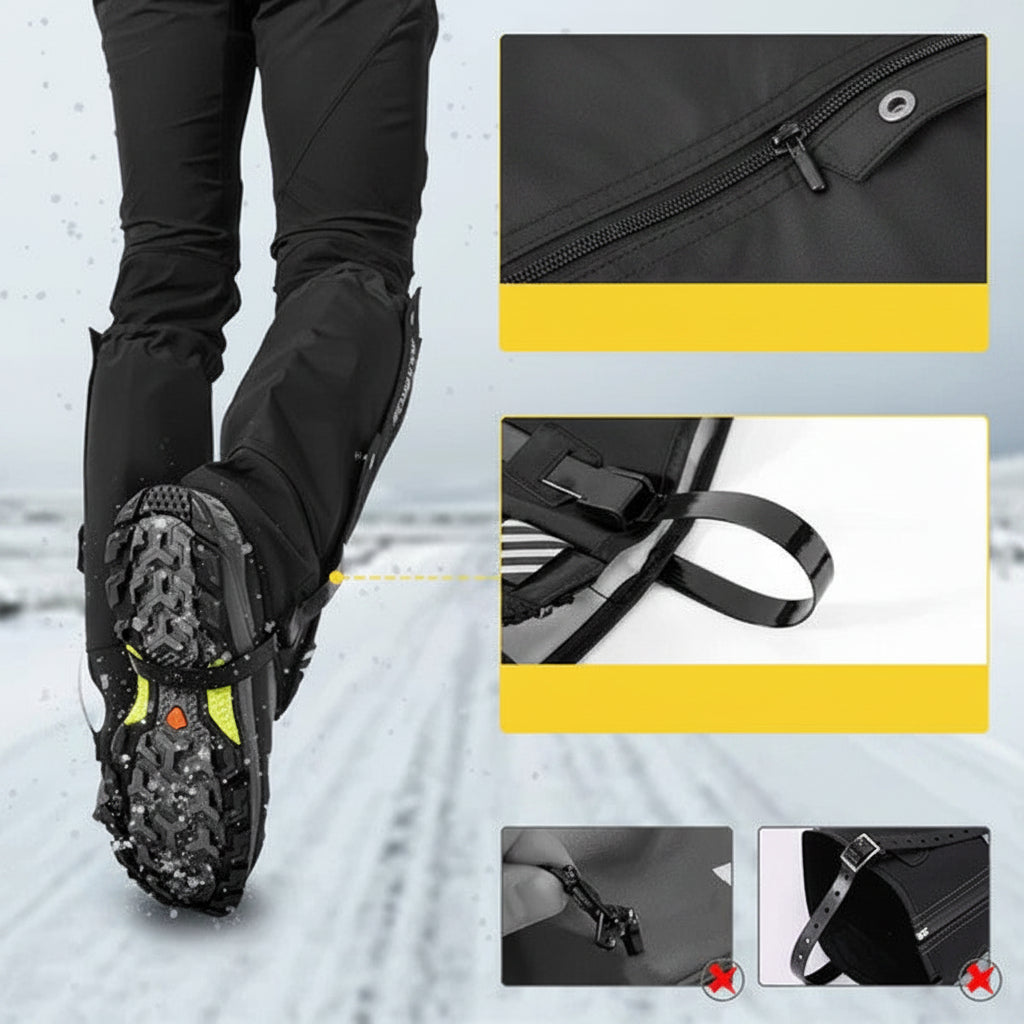 Black winter boot with crampon attachment on a snowy ground