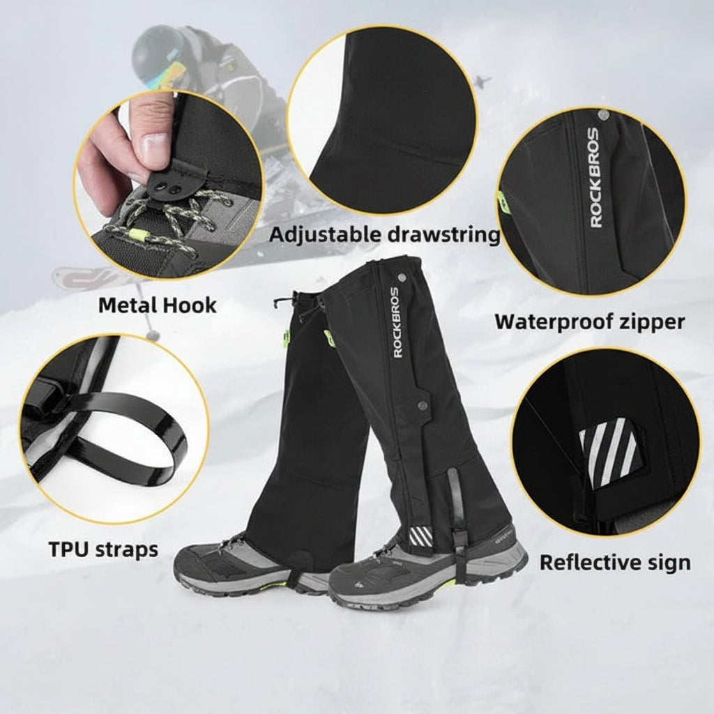 Black gaiters with product details