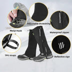 Black gaiters with product details
