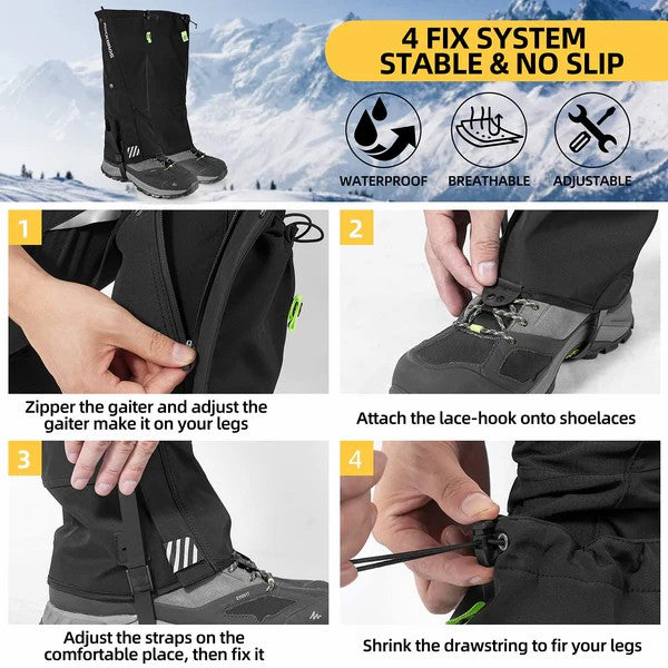 Instructions for using a gaiter system with a mountain background