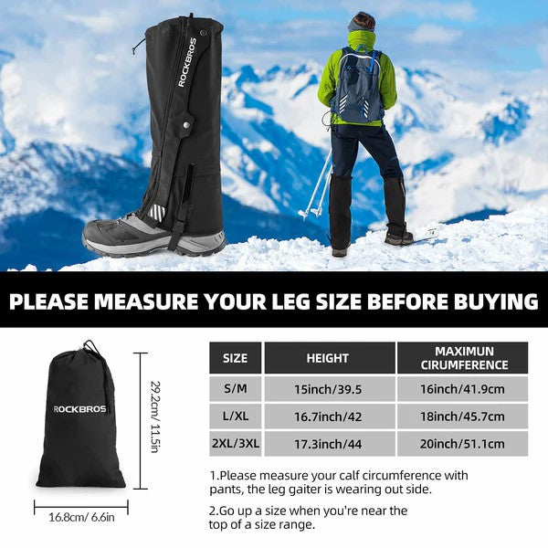 Person skiing with leg gaiter display and measurement chart on a snowy mountain background