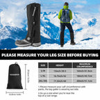 Person skiing with leg gaiter display and measurement chart on a snowy mountain background