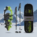 Green and black snowshoe set with poles and carrying case