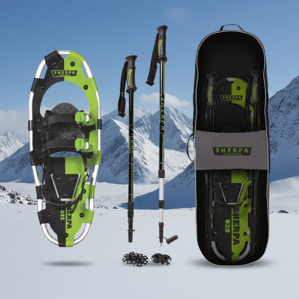 Green and black snowshoe set with poles and carrying case
