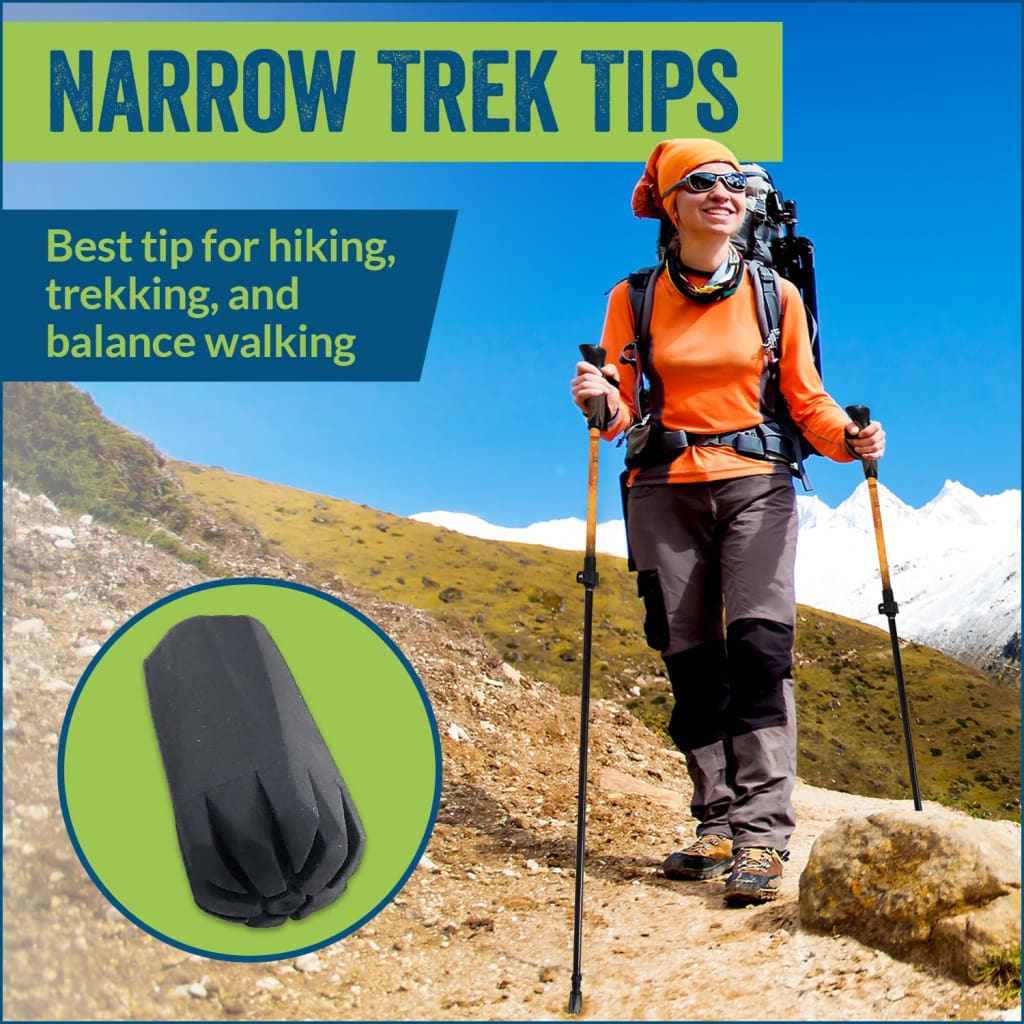 Person hiking with trekking poles on a mountain trail, promoting black rubber hiking pole tips from York Nordic - offered by the best hiking gear store in the northeast, The Adirondack Tool Co.